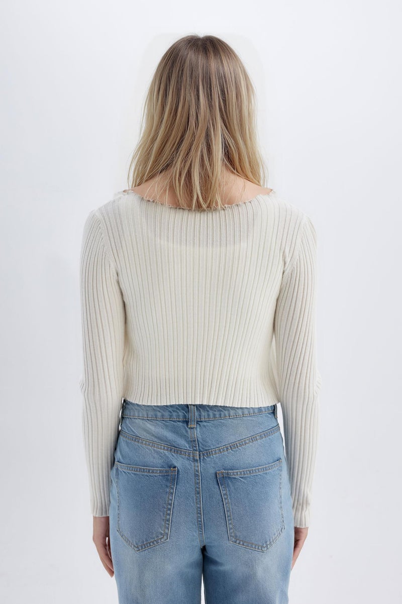 DeFacto Beige Woman Regular Fit V-Neck Knitwear Cardigan Casual - Image 5